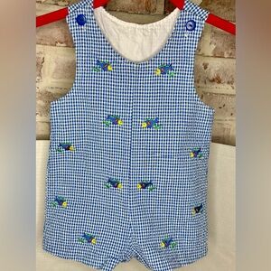 Baby Boy Blue Gingham Fish Embroidered Jon Jon Romper 18M Nautical Summer Outfit